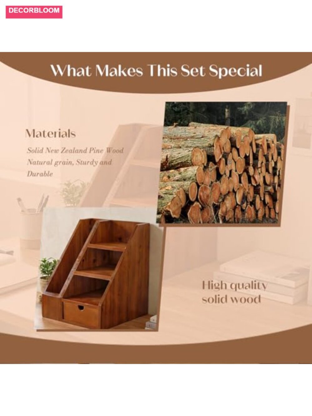 Vintage Wooden Desk Organizer Set of 2 - Desktop File Holder & Shelf with Drawer - Picture 4 of 6